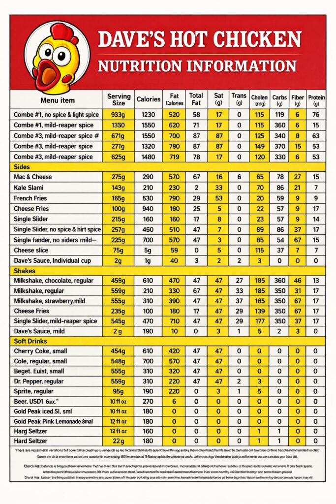Dave’s Hot Chicken Nutrition information